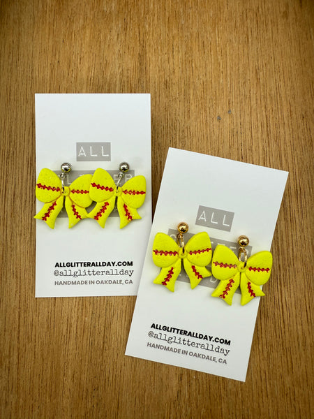 Softball bows dangle medium with ball in gold or silver