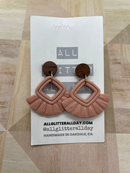 Sarah with an H-Boho faux macrame fringe dangle earrings