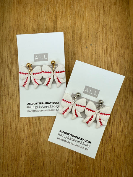 Baseball bows dangle medium with ball in gold or silver