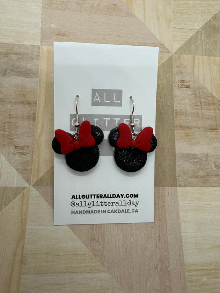 Black glitter magic mouse head dangle earring
