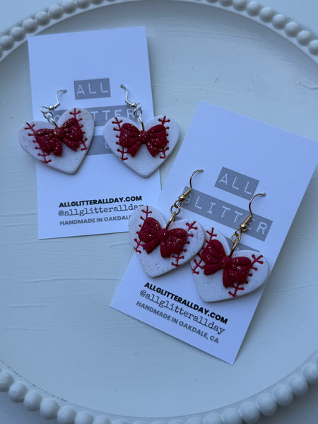 Baseball heart with bow dangle large