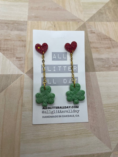 Red glitter heart shamrock dangle earring