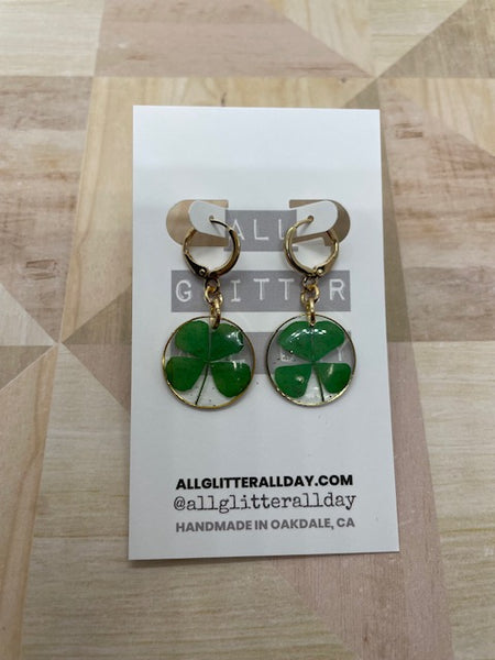 4 leaf lucky clover dangle in resin huggy hoop earring