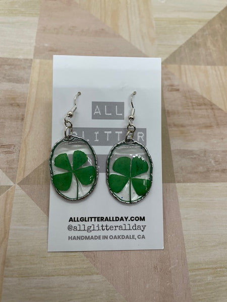 Lucky clover oval resin dangle earring