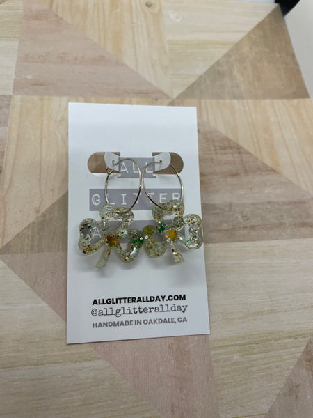 Shamrock resin glitter hoop dangle earring