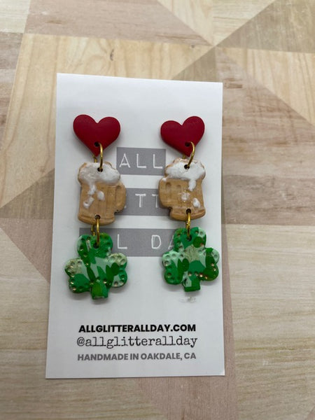 Peace, love and beer St. Patricks day dangle earring