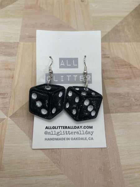 Black glitter dice dangle earrings