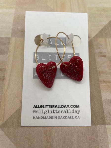 Red glitter heart hoop dangle