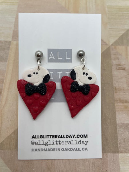 Dapper Snoop dog bowtie red heart dangle earring