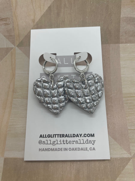 Shiny silver disco ball heart dangle-huggie hoop