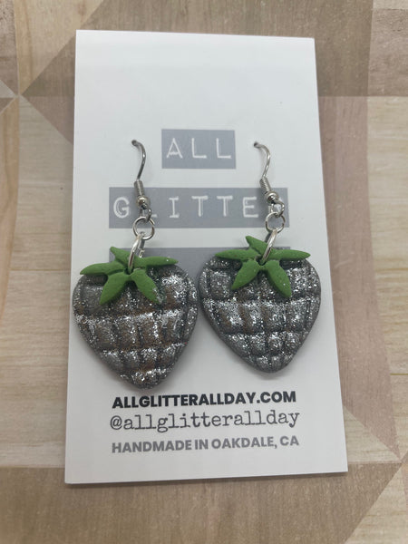 Shiny silver glitter strawberry disco ball dangle earring