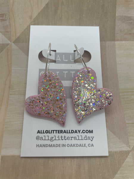 Perfect glitter pink resin heart dangle earring