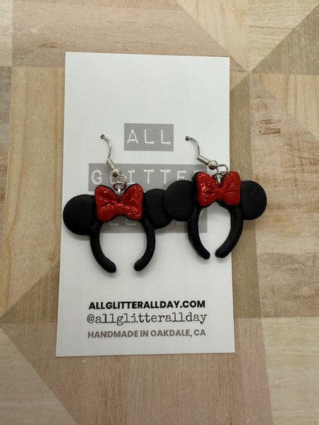 Magic mouse ears with glitter bow dangle earring