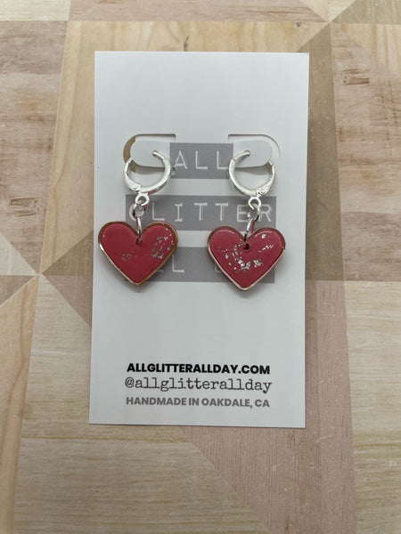 Bright colored heart huggy hoop dangles-valentines