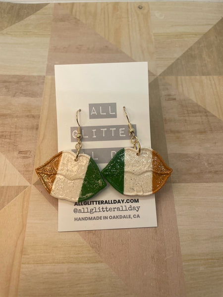 Glitter lip dangle earrings for St. Paddys day